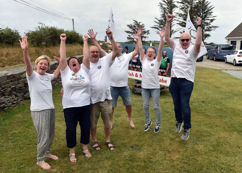Trish O'Donovan, mother of Paul O'Donovan, with Mick McCabe, Mike, and Pauline Doab and Marie Carey and Declan Boyle celebrate the gold medals won by Skibbereen rowers Paul O'Donovan and Fintan McCarthy at the Olympic in Tokyo. Picture: Eddie O'Hare
