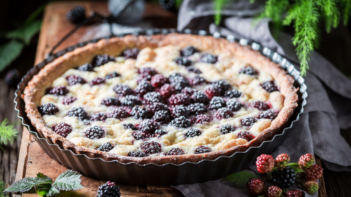 Blackberry, apple and sweet geranium tart