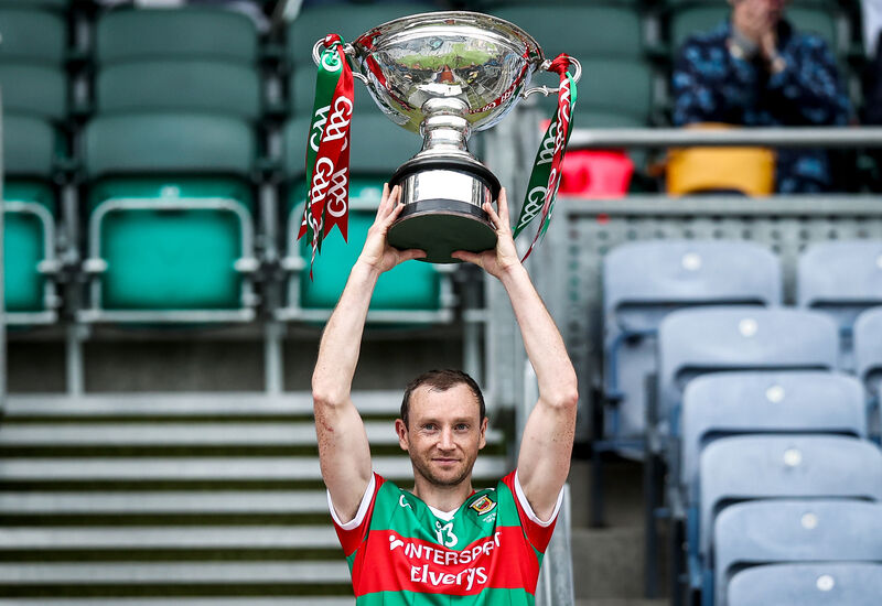 Keith Higgins lifts the Nicky Rackard Cup for Mayo. Picture: INPHO/Tommy Dickson