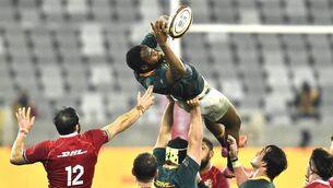 <p>
                <span class="contextmenu emphasis textWhite">South Africa’s Lukhanyo Am rises highest to claim the ball in the second Test against the Lions at Cape Town Stadium. 	Picture: Ashley Vlotman/Sportsfile</span>
            </p>