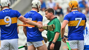 <p>Tipperary players protest to referee Colm Lyons after he awarded a penalty to Waterford on Saturday. 	Picture: Eóin Noonan/Sportsfile</p>
