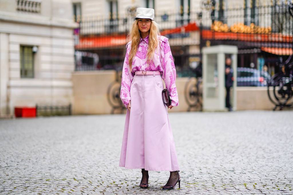 Embrace head-to-toe pastels in soft millennial pink as seen on the streets of Paris.