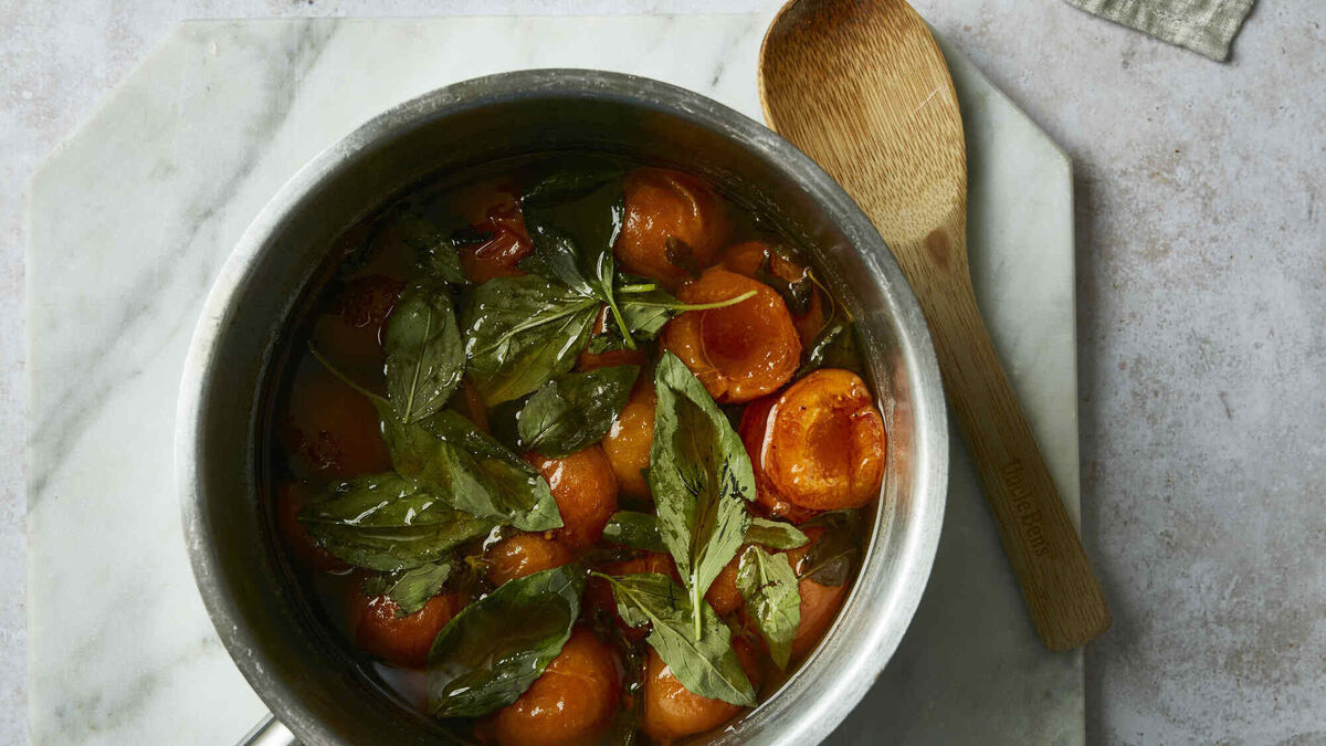 Apricots poached with basil