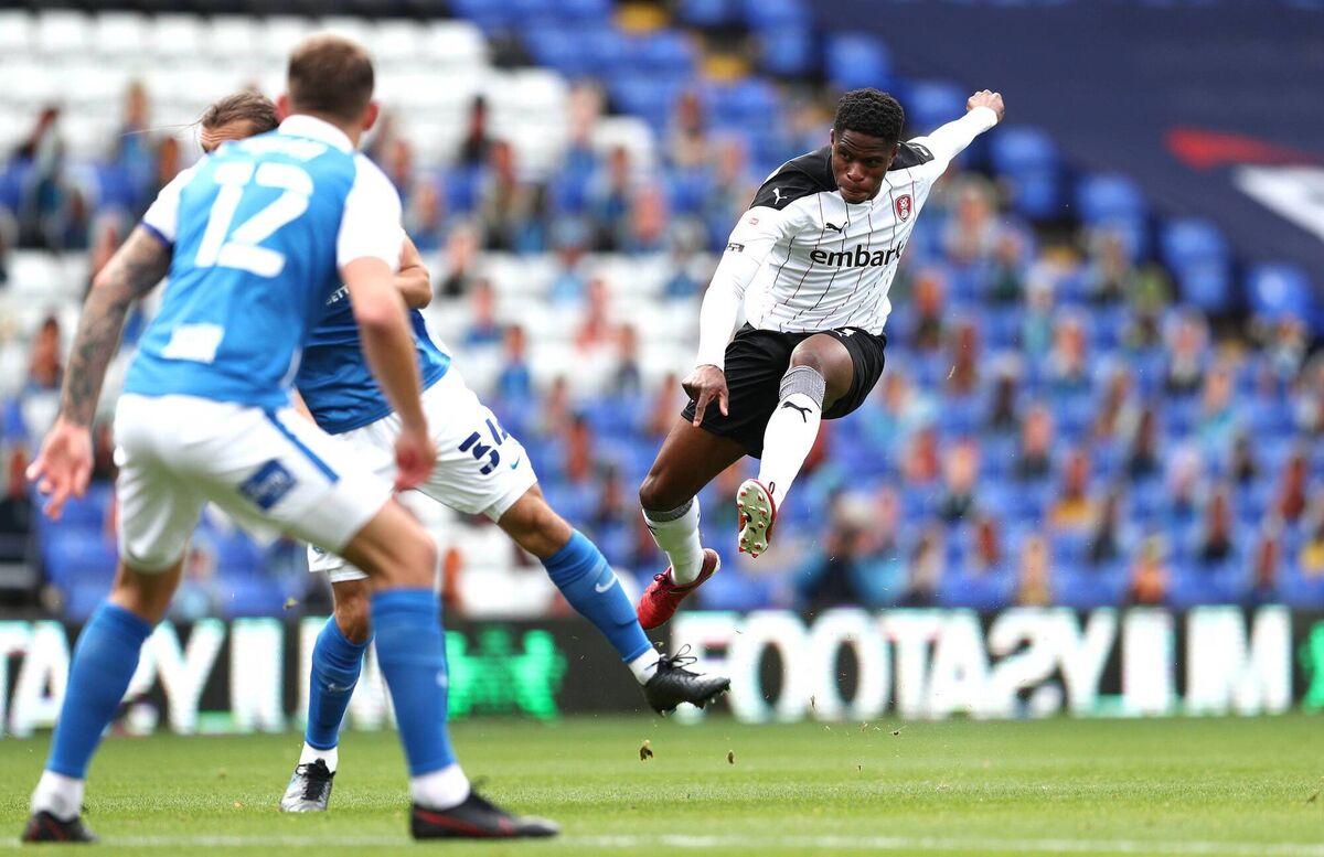 Chiedozie Ogbene of Rotherham United shoots at goal during the Sky Bet Championship match against  Birmingham City last year. Picture: Jan Kruger/Getty Images