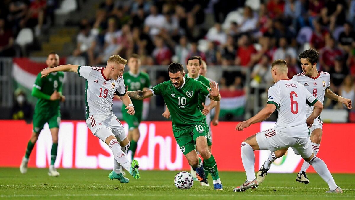 Troy Parrott of Republic of Ireland in action against Kevin Varga, left, and Willi Orban of Hungary. Picture: Alex Nicodim/Sportsfile