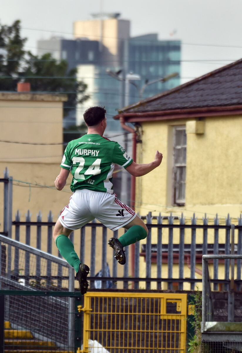 High ball: Cork City's Cian Murphy leaps for the Elysian as he celebrates his first goal against Bray Wanderers during the July 2021 SSE Airtricity first division game at Turners Cross High ball: Cork City's Cian Murphy leaps for the Elysian as he celebrates his first goal against Bray Wanderers during the July 2021 SSE Airtricity first division game at Turners Cross