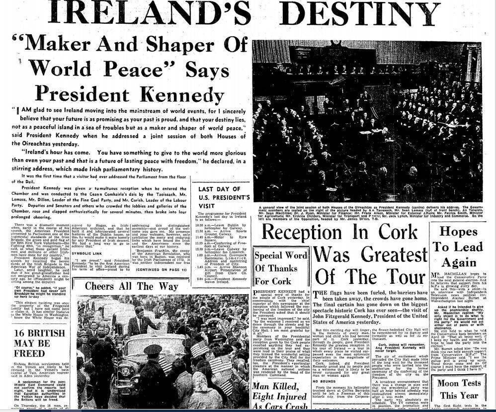 The front page of the Cork Examiner on June 29, 1963
