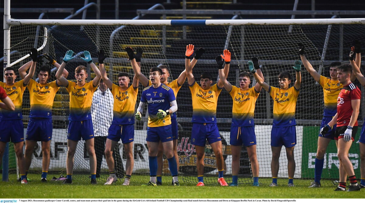 THOUGH SHALL NOT PASS: Goalkeeper Conor Carroll and Roscommon team-mate protect their goal late in the day at Kingspan Breffni Park.