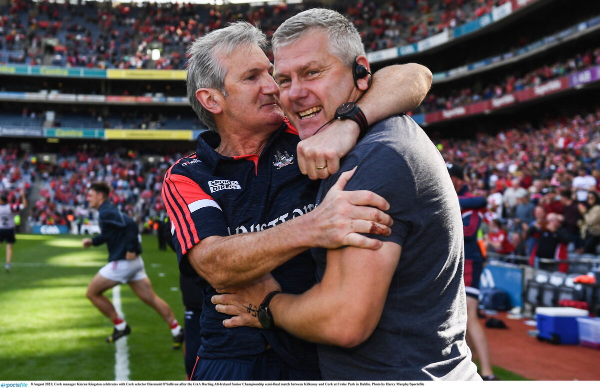 ARM IN ARM: Cork manager Kieran Kingston with selector Diarmuid O’Sullivan after their extra-time victory over Kilkenny in the All-Ireland SHC semi-final at Croke Park. Picture: Harry Murphy/Sportsfile