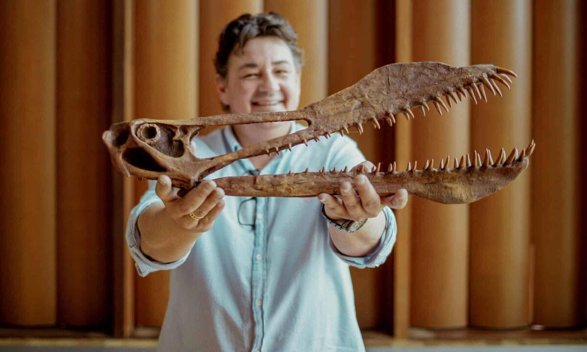 University of Queensland researcher Tim Richards, with a model of Thapunngaka shawi’s jaw. Picture: Anjanette Hudson/The University of Queensland