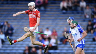 <p>Eoin O'Leary celebrates scoring Cork's goal as Waterford players Conor Keane and Rory Dobbyn look on. Photo by Piaras Ó Mídheach/Sportsfile</p>