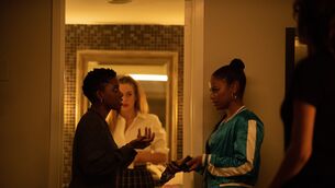 Director Janicza Bravo, actor Riley Keough and actor Taylour Paige on the set of Zola (Anna Kooris/A24 Films)
