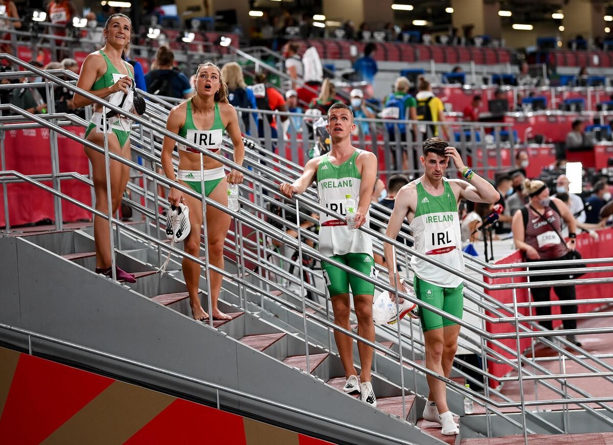 30 July 2021; The mixed relay team, from left, Phil Healy, Sophie Becker, Christopher O'Donnell and Cillin Greene after their heat. Picture: Stephen McCarthy/Sportsfile