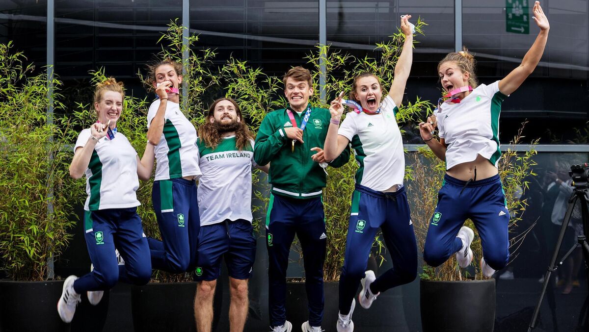 Paul O'Donovan, Fintan McCarthy, Aifric Keogh and Eimear Lambe return home with their medals from Tokyo. Picture: INPHO/Laszlo Geczo