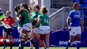 <p>Ireland's Amee-Leigh Murphy Crowe celebrates after scoring a try with Nichola Fryday and Leah Lyons against Italy in this year's Six Nations. Picture: INPHO/Ryan Byrne</p>