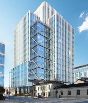 A visualisation of the 16-storey office tower planned for Albert Quay on a site that includes the location of the now-demolished Sextant Bar. 