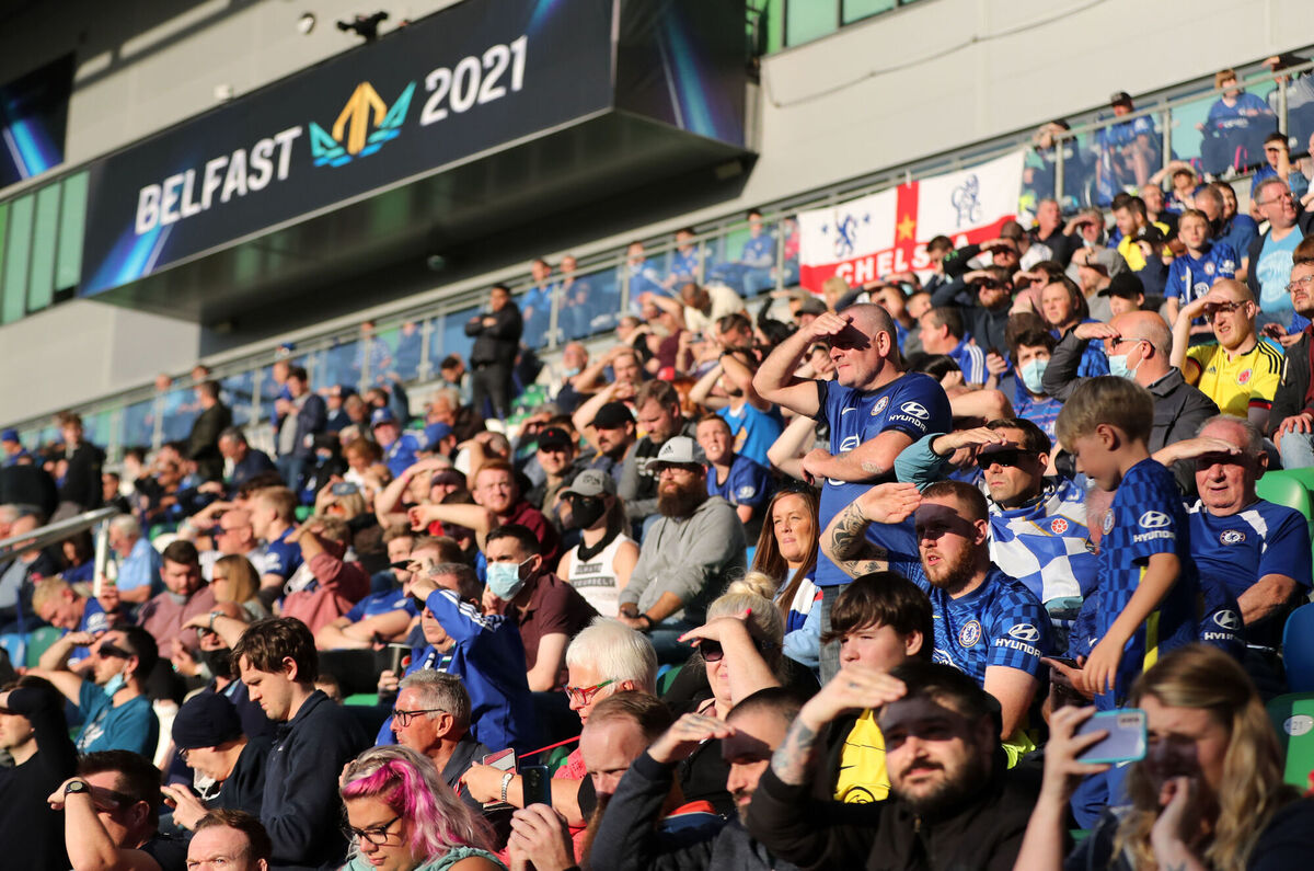Chelsea fans in the stands before the Uefa Super Cup match at Windsor Park. Picture: Niall Carson/PA Chelsea fans in the stands before the Uefa Super Cup match at Windsor Park. Picture: Niall Carson/PA