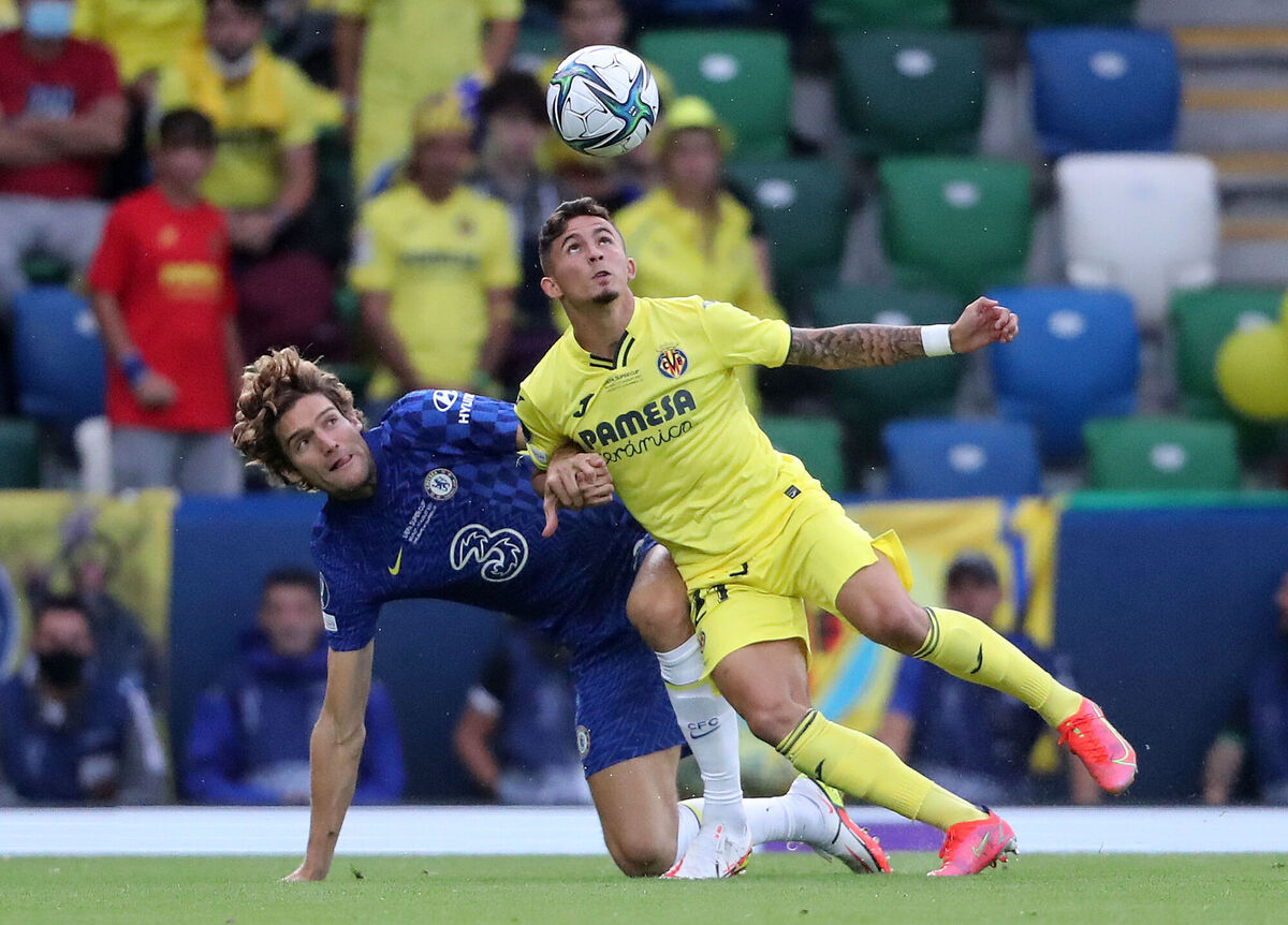Chelsea's Marcos Alonso (left) and Villarreal's Yeremi Pino battle for the ball at Windsor Park. Picture: Niall Carson/PA Chelsea's Marcos Alonso (left) and Villarreal's Yeremi Pino battle for the ball at Windsor Park. Picture: Niall Carson/PA