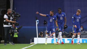 <p>Chelsea's Hakim Ziyech (left) celebrates scoring during the Uefa Super Cup match at Windsor Park, Belfast, last night. Picture: Niall Carson/PA</p>