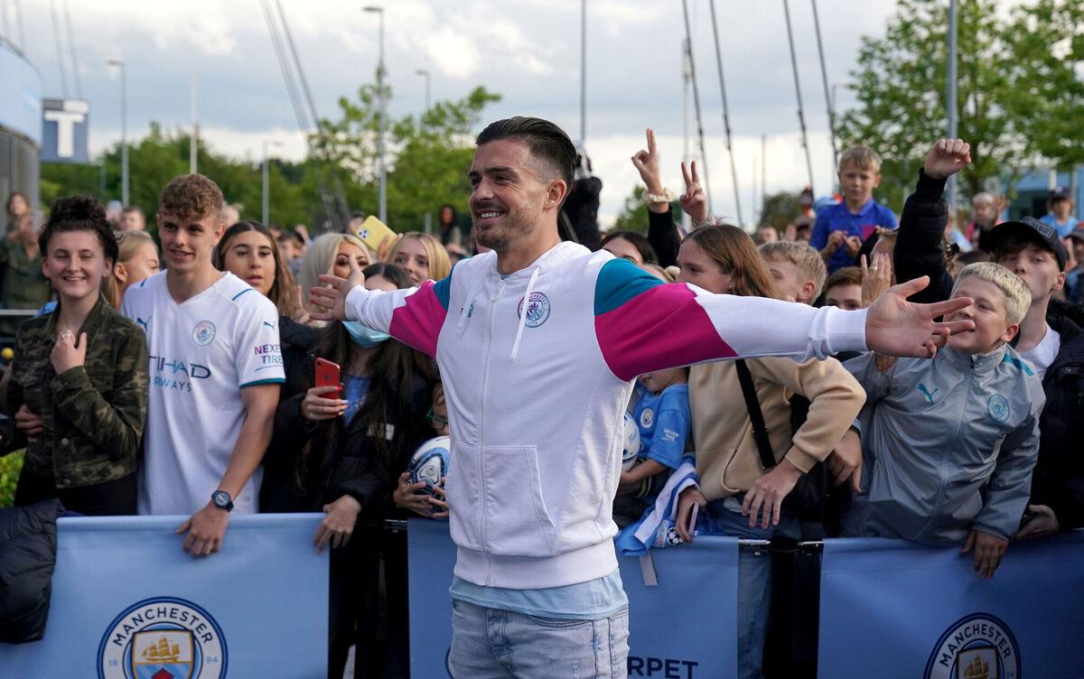 Manchester City's new signing Jack Grealish poses with fans outside after the press conference at the Etihad Stadium. Picture: David Davies/PA Wire