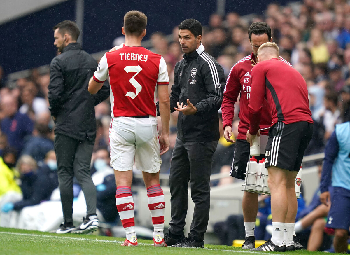 Arsenal manager Mikel Arteta (right) speaks to Kieran Tierney during The Mind Series match at the Tottenham Hotspur Stadium. Picture: John Walton/PA Wire