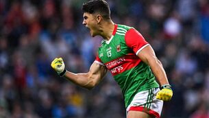 <p>Mayo's Tommy Conroy celebrates after scoring a point in their victory over Dublin in Saturday's All-Ireland semi-final at Croke Park in Dublin. Photo by Seb Daly/Sportsfile</p>