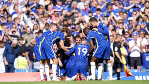 <p>Chelsea players celebrate after team-mate Trevoh Chalobah scores their side's third goal of the game. Picture: Tess Derry</p>