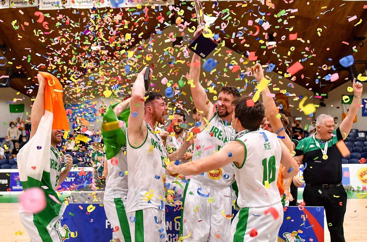Ireland captain Jason Killeen celebrates with his team-mates after the FIBA European Championship for Small Countries success. Picture: Eóin Noonan/Sportsfile