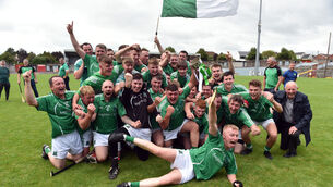 <p>The Araglen players celebrate after defeating Freemount in the Co-Op Superstores J’B’ HC 2020 final at Páirc Uí Rinn. P<span class="contextmenu emphasis CaptionCredit">icture: Eddie O’Hare</span>
            </p>