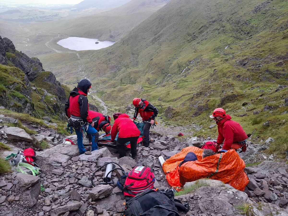 The rescue on Carrauntoohil on Sunday, where the alarm was raised at 2.45pm about a male walker in his 40s who had sustained injuries in a fall near the top of the Devil’s Ladder. Picture: Kerry Mountain Rescue Team