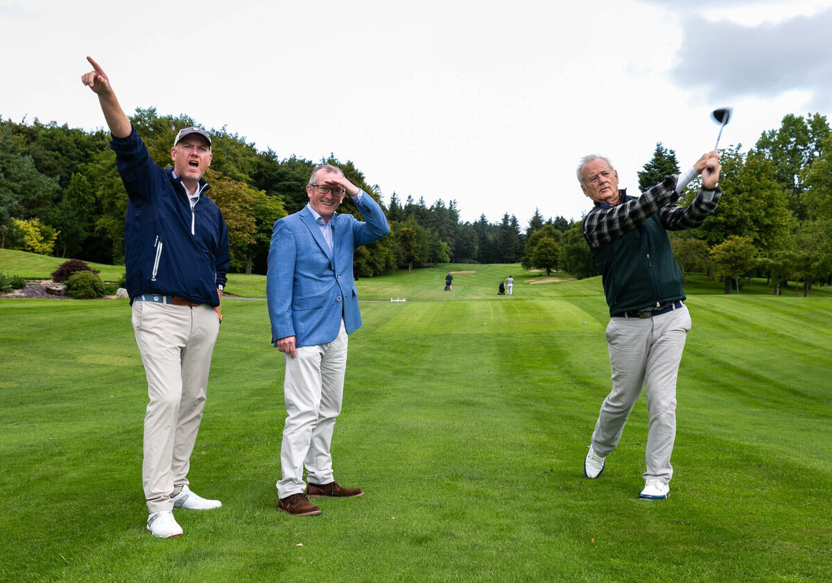 L-R: Writer and streaming host Tom Coyne, Niall Gibbons, Chief Executive of Tourism Ireland; and actor Bill Murray at Druid's Glen, Co Wicklow.
