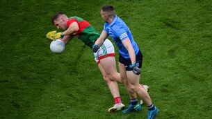 <p>Eoghan McLaughlin falls to the ground after a challenge from Dublin’s John Small that left the Mayo man with a broken jaw. The GAA has created the circumstances in which this type of dark arts strategy is rewarded year after year, argues our columnist. <span class="contextmenu emphasis CaptionCredit">Picture: Stephen McCarthy/Sportsfile</span>
            </p>