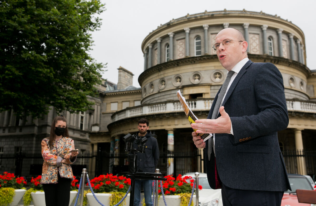 Sinn Féin transport spokesperson Darren O’Rourke during the launch of Sinn Féin's proposals for fairer school transport, on the plinth of Leinster House, Dublin. Picture: Gareth Chaney/Collins