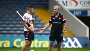 <p>Cork manager Kieran Kingston speaks with Patrick Horgan prior to the All-Ireland quarter-final win over Dublin. The Rebels have been warming up in white training gear before changing into their traditional red strip closer to throw-in time this season. Picture: David Fitzgerald/Sportsfile</p>