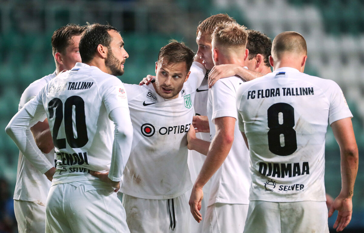 Flora's Martin Miller celebrates scoring their fourth goal with teammates. Picture: INPHO/Sander Ilvest