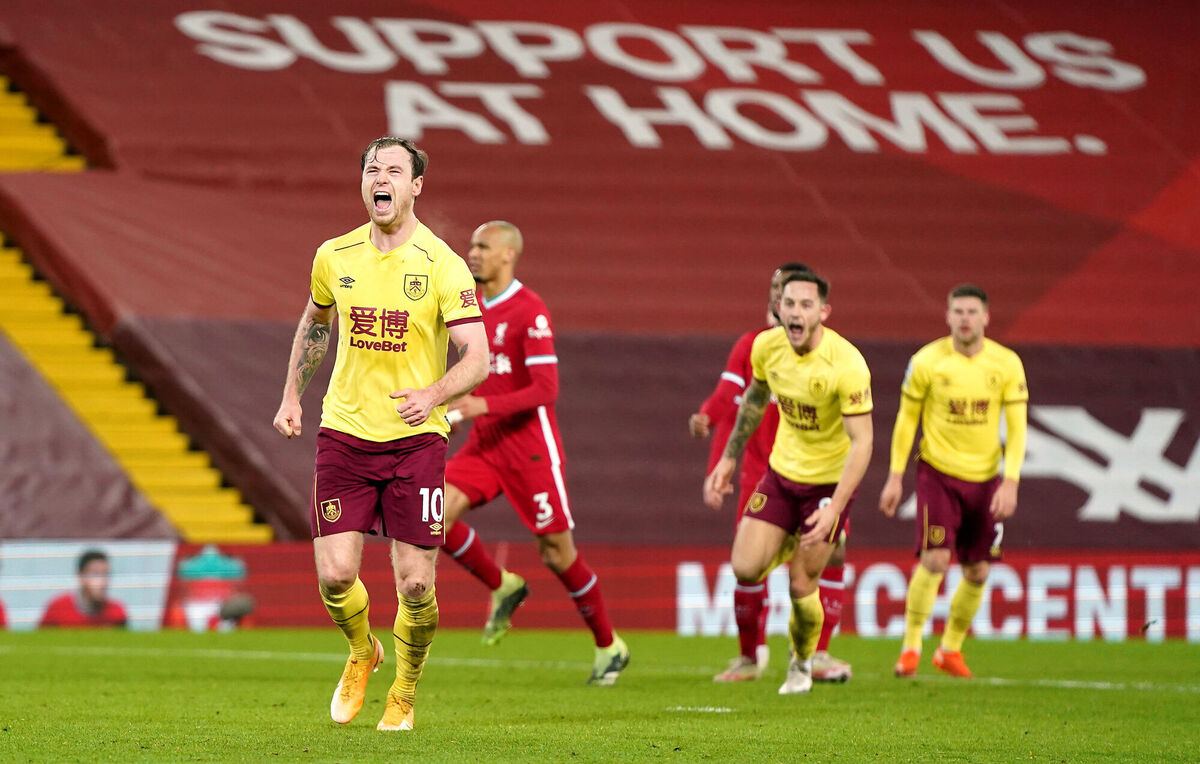 Burnley’s Ashley Barnes celebrates scoring against Liverpool from the penalty spot. Picture: Jon Super/PA 