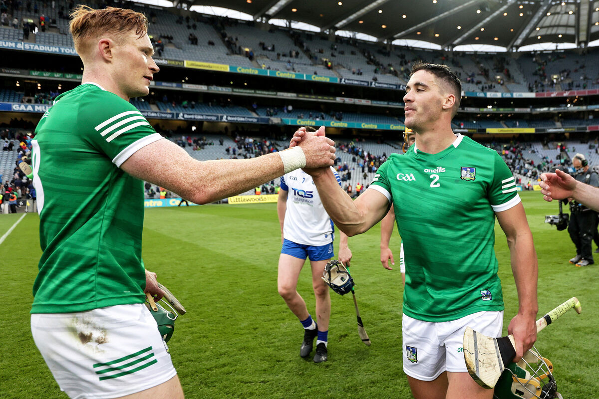 Limerick's William O’Donoghue celebrates after the win over Waterford with Sean Finn. Picture: INPHO/Laszlo Geczo