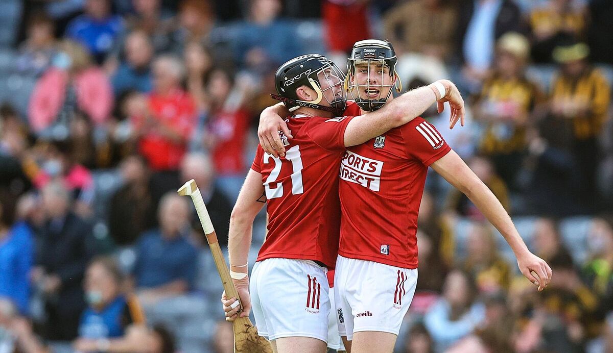 Cork's Robert Downey celebrates at the final whistle in the semi-final win over Kilkenny with Damien Cahalane. Picture: INPHO/Tommy Dickson