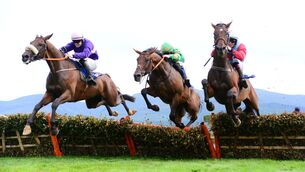 <p>Wouldn’t You Agree &amp; Mark McDonagh (right) jump the last to win the Rentokil Handicap Hurdle from Visionarian &amp; Kevin Sexton (left). Picture: Healy Racing</p>