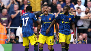 <p>Mason Greenwood (centre) celebrates the equaliser (Andrew Matthews/PA)</p>