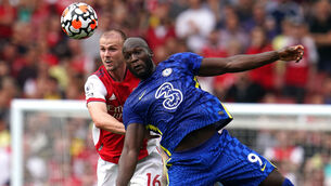 <p>Arsenal's Rob Holding (left) and Chelsea's Romelu Lukaku battle for the ball at the Emirates Stadium. Picture: Nick Potts/PA</p>
