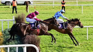 <p>Roi De Dubai &amp; Brian Hayes jump the last to win the Boylesports Beginners Steeplechase from Ennemi Public &amp; Mike O’Connor in Wexford. Public can go one better today. Picture: Healy Racing</p>