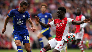 <p>Chelsea’s Cesar Azpilicueta (left) and Arsenal’s Bukayo Saka battle for the ball during the Premier League match at Emirates Stadium. 	<span class="contextmenu emphasis CaptionCredit">Picture: Nick Potts/PA Wire</span>
            </p>