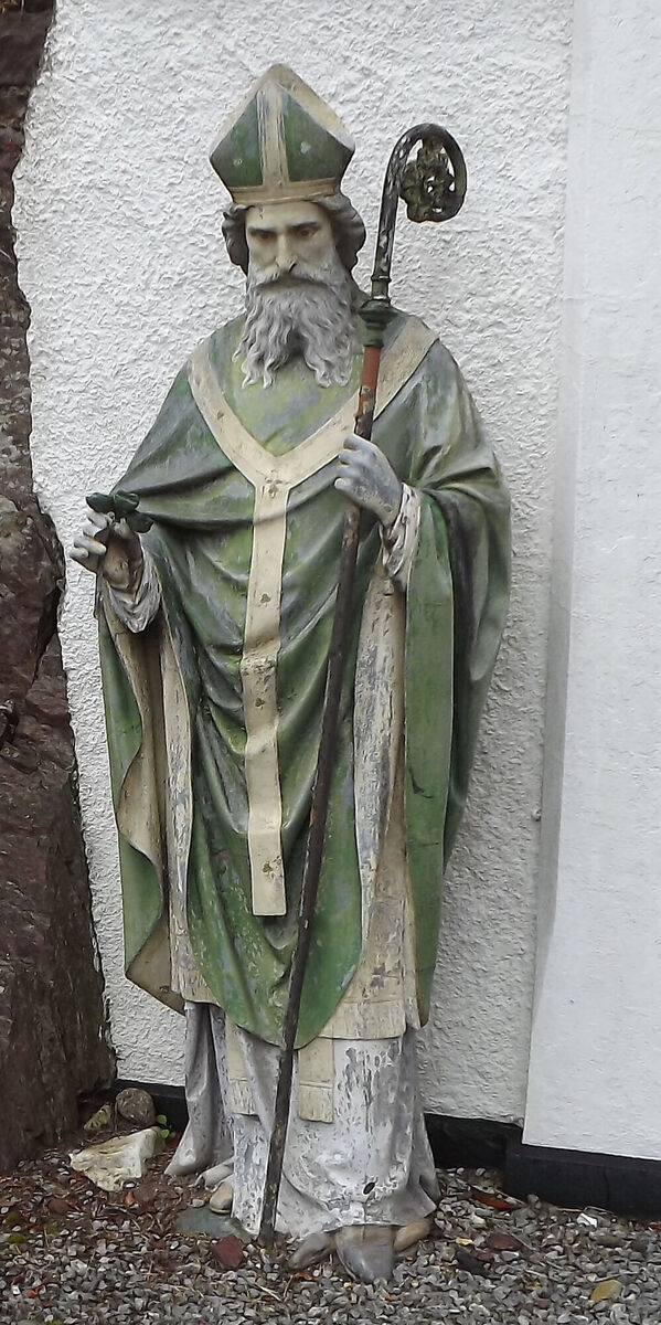 A lifesize metal figure of St Patrick at Woodward's.
