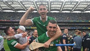 <p>Diarmaid Byrnes, top, and Aaron Gillane of Limerick celebrate their All-Ireland final victory over Cork. Photo by Ramsey Cardy/Sportsfile</p>