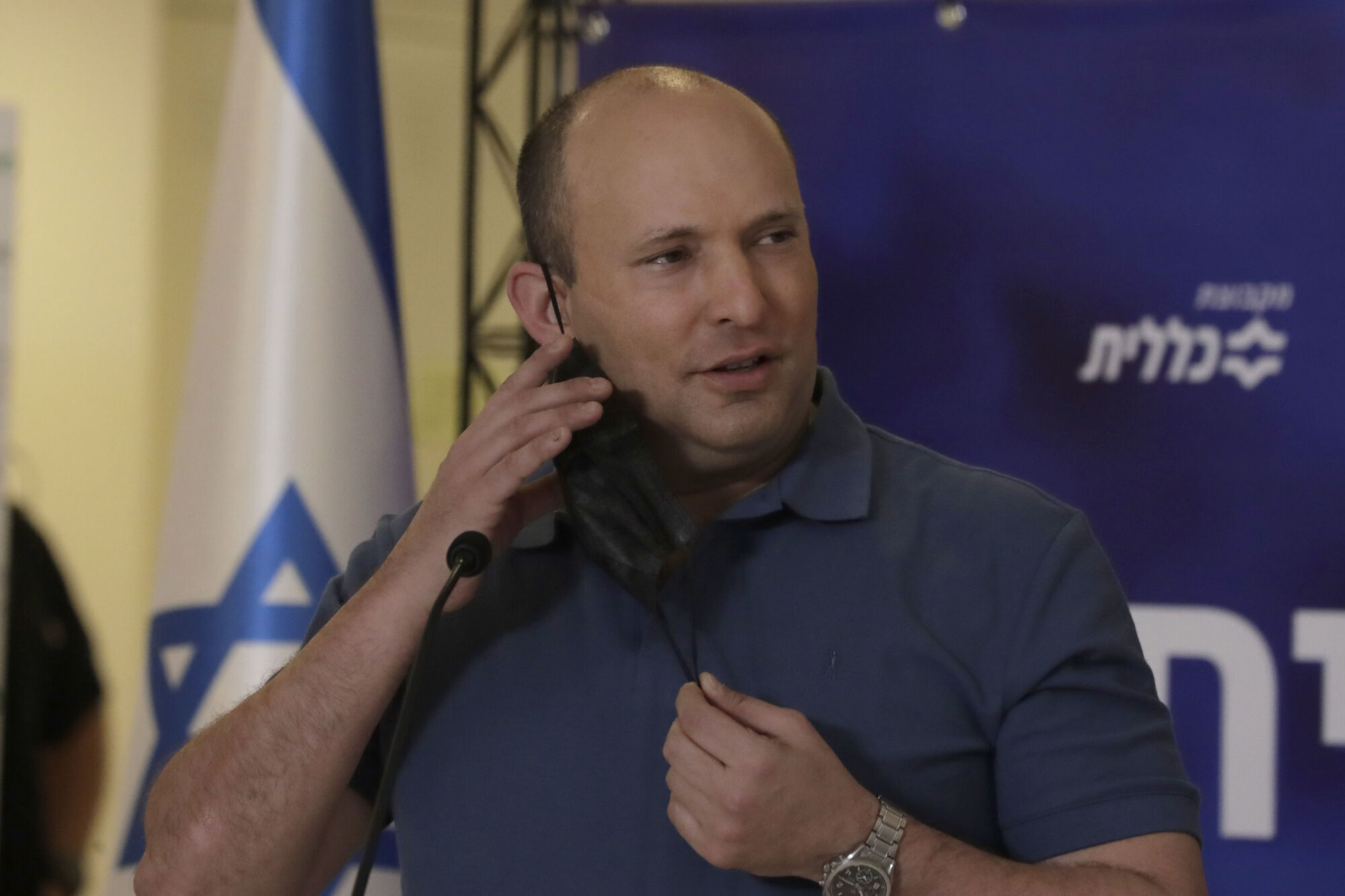 Israel's Prime Minister Naftali Bennett after he received a booster shot for the coronavirus vaccine in the Meir Medical Center in Kfar Saba, Israel. Picture: AP Photo/Maya Alleruzzo