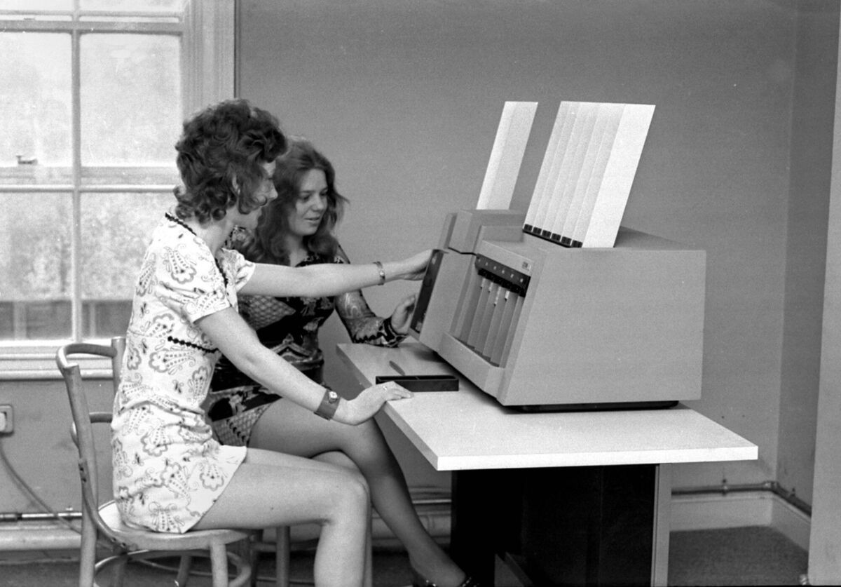 Modern times as computers are switched on at The Cork Examiner offices in Academy St in 1971. 	Picture: Irish Examiner Archive
                    