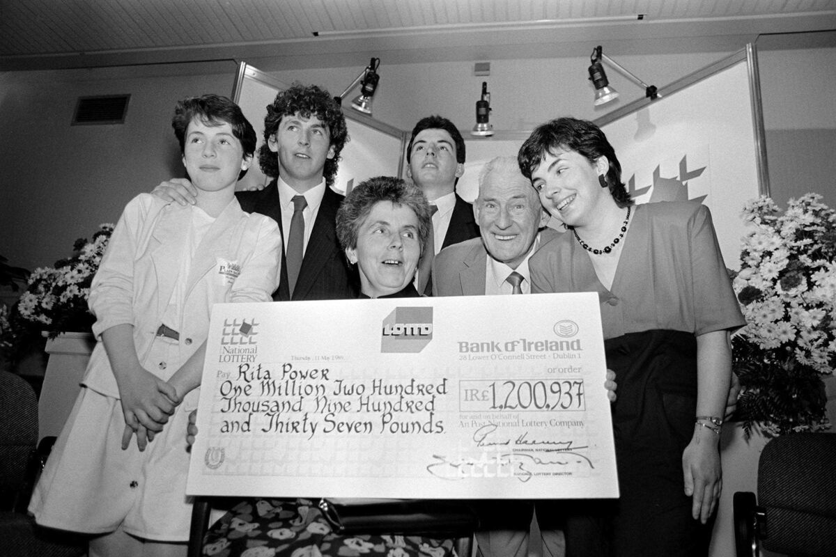 Ireland’s first Lotto millionaire Rita Power scooped the jackpot in 1989. Rita is pictured, centre, with her family (left to right) daughter Colette, son Declan, son Noel, husband John Joe and daughter Josephine. Picture: Mac Innes
Ireland’s first Lotto millionaire Rita Power scooped the jackpot in 1989. Rita is pictured, centre, with her family (left to right) daughter Colette, son Declan, son Noel, husband John Joe and daughter Josephine. Picture: Mac Innes
