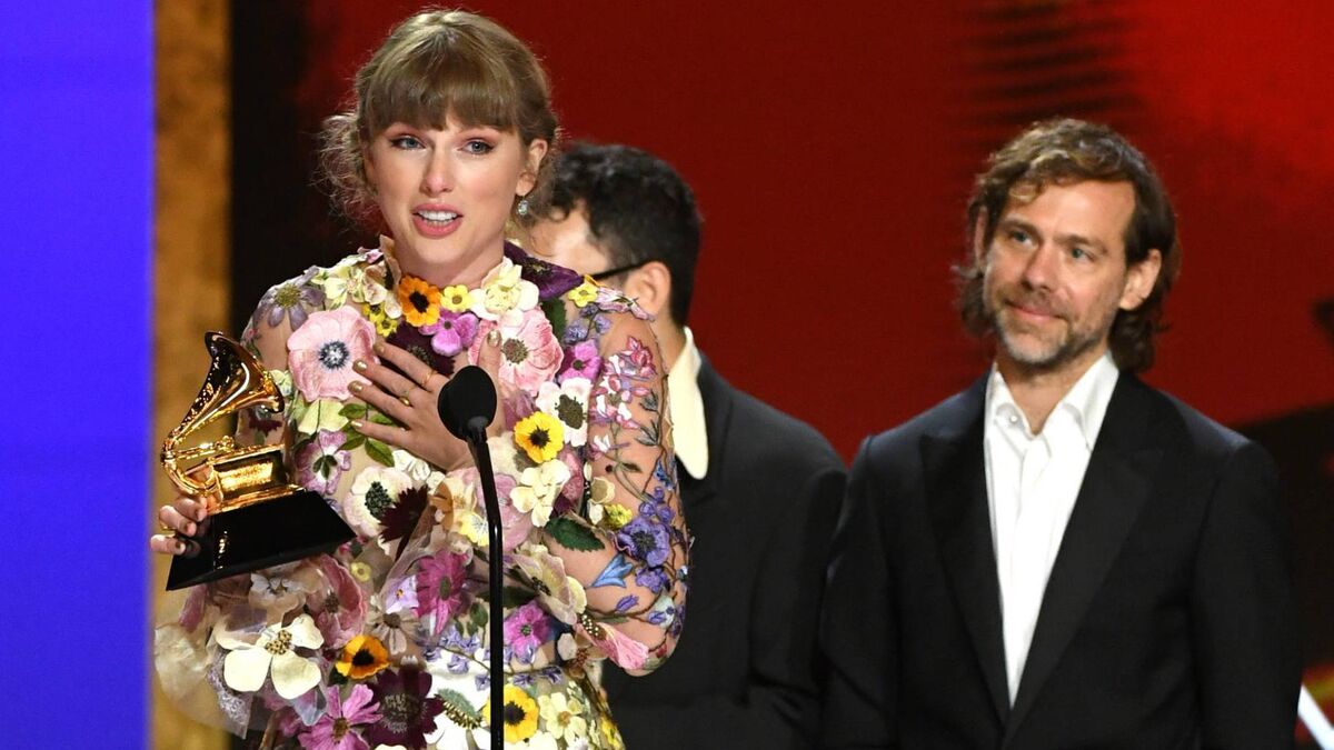 Aaron Dessner on stage with Taylor Swift accepting the Album of the Year award for Folklore at the Grammy Awards in March. Picture: Kevin Winter/Getty Images