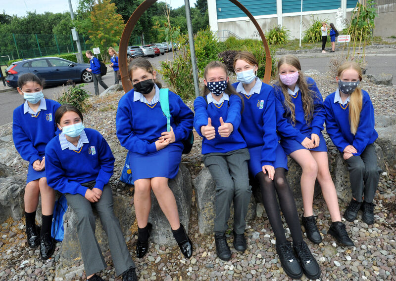 Addison Horgan (centre) gives a thumbs up for school as she enjoys her first day at Ursuline Secondary School with her friends. Picture: Larry Cummins Addison Horgan (centre) gives a thumbs up for school as she enjoys her first day at Ursuline Secondary School with her friends. Picture: Larry Cummins